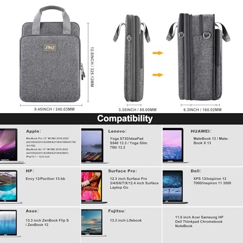 ZINZ Laptop Shoulder Bag 12.3-13 inch Case Sleeve, Expandable Handbag with Valuables Compartment Compatible with MacBook Air/Pro/Neo 13", iPad 12.9"/13"/11", Shockproof,Gray - color: Gray