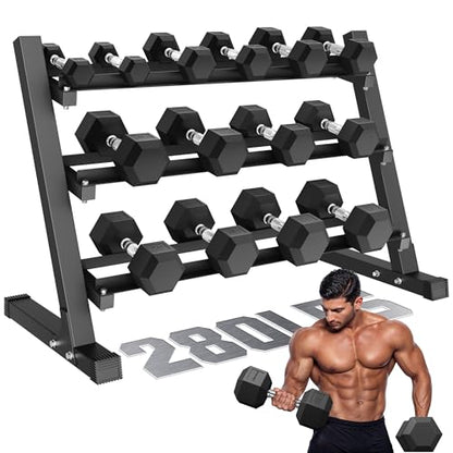 Dumbbell Sets with Rack, Rubber Hex Dumbbells, 160/220/280/360/450/550LBS, Hand Weights with Chrome Handle for Strength Training - color: 280lbs with Rack