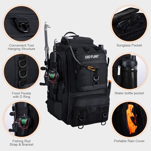 Goture 40L Fishing Tackle Backpack with Cooler Compartment Black, Water-Resistant Fishing Gear Bag & Rain Cover & 3600 Trays - color: Black, size: C - Includes 2 3600 trays with handles