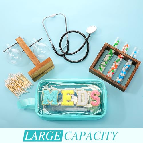 Kacctyen Letter Clear Meds Bag Makeup Pouch Waterproof Chenille Nylon Medicine First Aid Bag for Travel Preppy Cosmetic Toiletry Storage Bags with Handle Pill Snack Pouch for Women Men - color: Blue, style: Meds