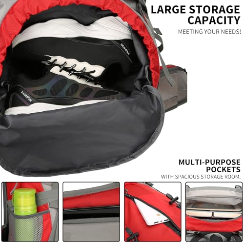 70L Camping Hiking Backpack with Rain Cover Waterproof Backpacking Backpack for Hiking Treeking Climbing Outdoor - color: Red