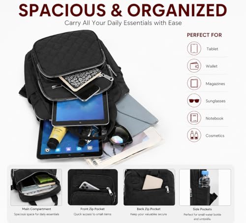 Small Backpack for Women Casual Quilted Square Bag Waterproof Multi Pockets Daypack Lightweight Top Handle Satchel - color: Black