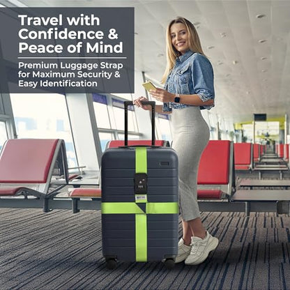 Nylon Luggage Straps for Suitcases | TSA Approved Adjustable Strap w/ 3-Digit Combo Lock | Heavy Duty Belt for 20-32 Inch Suitcases | Travel Luggage Belt Strap for Easy Identification (Neon Green) - color: Neon Green