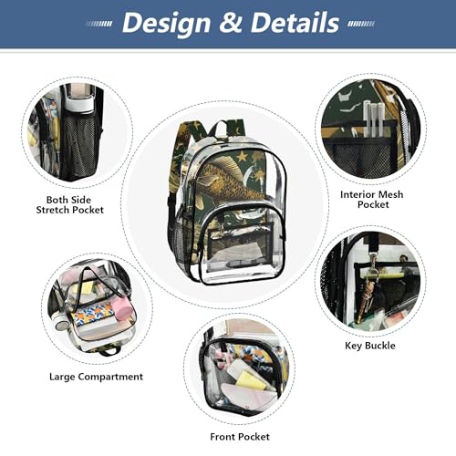 Big Fish Stars Camo Clear Backpack PVC Transparent Backpack Lightweight Book Bag Capacity Clear Bag for Kids Boys Girls - color: Forest Night Green