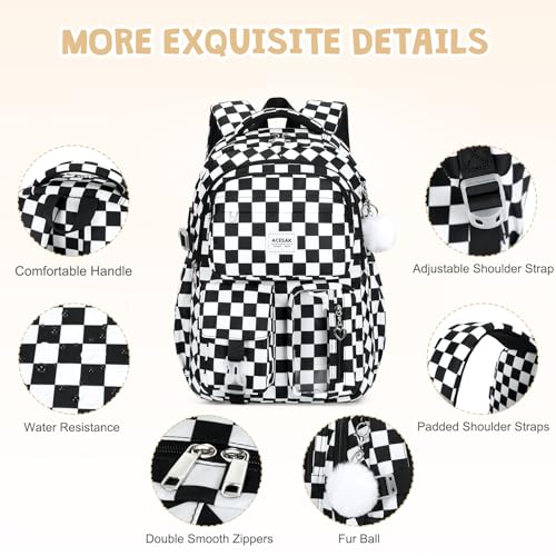 ACESAK Backpack for Girls - Girls Backpack with Lunch Bag & Pencil Pouch for Teen Kids Laptop Backpack for Women, Elementary Middle High School Bookbag Travel Daypack (Black Checkered) - color: Black Checkered