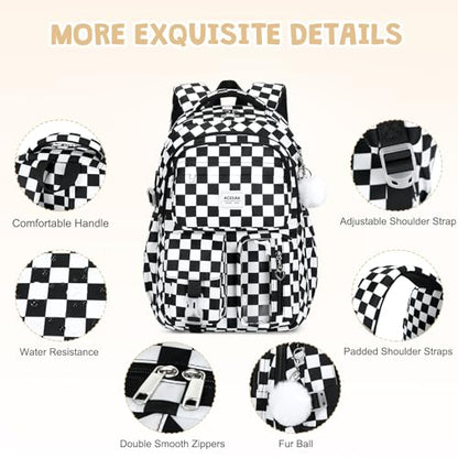 ACESAK Backpack for Girls - Girls Backpack with Lunch Bag & Pencil Pouch for Teen Kids Laptop Backpack for Women, Elementary Middle High School Bookbag Travel Daypack (Black Checkered) - color: Black Checkered