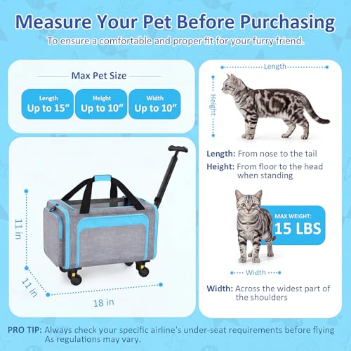Rolling Pet Carrier with Detachable Wheels - 18x11x11 TSA Airline Approved for Southwest Delta United American, Soft Sided Expandable Travel Bag for Small Dogs & Cats up to 15Lbs, Fits Under Seat - color: Blue