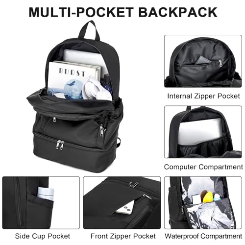 seyfocnia Large Gym Backpack for Men,Waterproof Travel Backpack With Shoe Compartment Lightweight Sports Gym Bag Casual Daypack, Black - size: 22inch