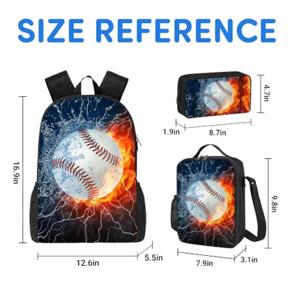 3PCS Baseball Backpacks for Boys Girls Teens, School Backpack with Lunch Box Pencil Case for Elementary Middle High Students, 17 Inch Lightweight Bookpack 3 in 1 Set Back to Shool Supplies for Kids - color: Water Fire Baseball S01