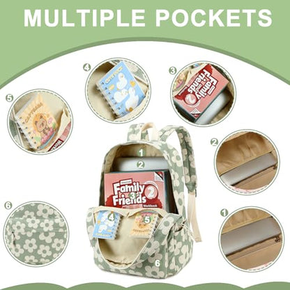 Bluboon School Backpack Set Girls Womens Laptop Bookbag Casual Daypack Fits 15 inch Laptop with Lunch Tote Bag and Pencil Bag - color: Beige Floral / Green-gray Base