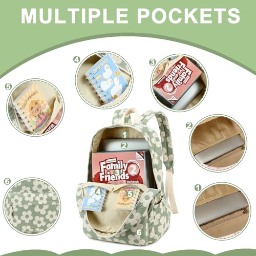 Bluboon School Backpack Set Girls Womens Laptop Bookbag Casual Daypack Fits 15 inch Laptop with Lunch Tote Bag and Pencil Bag - color: Beige Floral / Green-gray Base