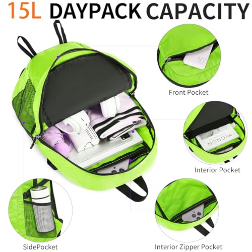 Small Hiking Daypack,15L Water-Resistant Hiking Backpack Packable Lightweight Travel Day Pack for Women Men (LinghtGreen, Small) - color: Linghtgreen, size: 15L