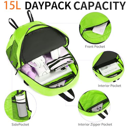 Small Hiking Daypack,15L Water-Resistant Hiking Backpack Packable Lightweight Travel Day Pack for Women Men (LinghtGreen, Small) - color: Linghtgreen, size: 15L