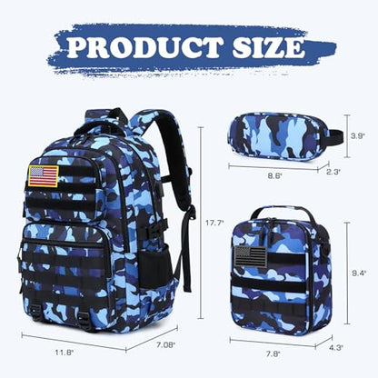 Camo Backpack for Boys, Tactical Boys Backpack with Lunch Box Pencil Case, Kids Backpacks with USB Charging Port, Military Army School Bookbag for Teen Boy Elementary Middle High School Camp - color: Black-blue