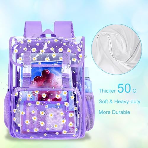 3PCS Clear Backpack, Heavy Duty Transparent Bookbag for Girls Women, Stadium Approved See Through Backpack with Lunch Box (Purple Daisy) - color: Purple Daisy