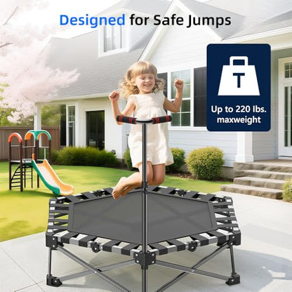 RYGEO Mini Fitness Trampoline with Adjustable Handle Bar, Black, Indoor Exercise Rebounder for Kids, Foldable Frame