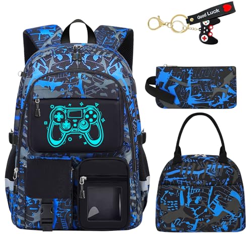 School Backpack for Boys - 4pcs Gamer Boys Backpack with Lunch Box Set for Kids Teens Elementary Middle High School - 18" Large Capacity School Bookbag with Multiple Pockets - color: Game002-backpack Set