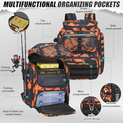 HAMBOLY Fishing Backpack 45L with Rod Holders, Water-Resistant Tackle Backpack for Fishermen, Large Capacity Fishing Gear Bag for Travel Hiking Camping - color: Black and Orange Graffiti
