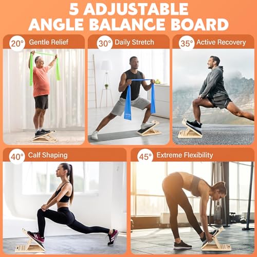 Slant Board for Calf Stretching, Adjustable Wooden Calf Stretcher Incline Board with 3 Pcs Resistance Bands Calf Stretch Board for Squats Leg Knees Heel Ankle Stretching