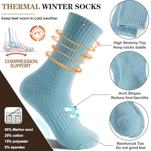 MOGGEI 5 Pairs Womens Merino Wool Socks Hiking Warm Winter Thick Thermal Crew Cozy Cabin Ladies Gift Comfy Boot Work Socks - color: Purple/Blue/Red/Green