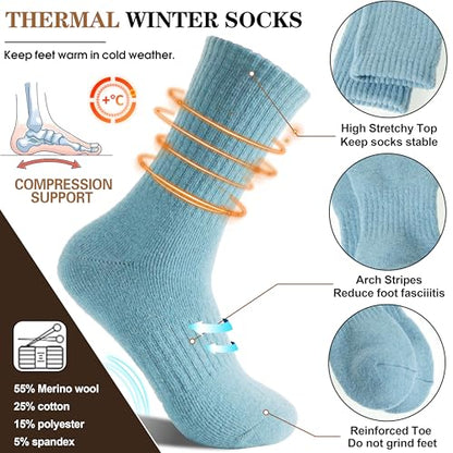 MOGGEI 5 Pairs Womens Merino Wool Socks Hiking Warm Winter Thick Thermal Crew Cozy Cabin Ladies Gift Comfy Boot Work Socks - color: Purple/Blue/Red/Green