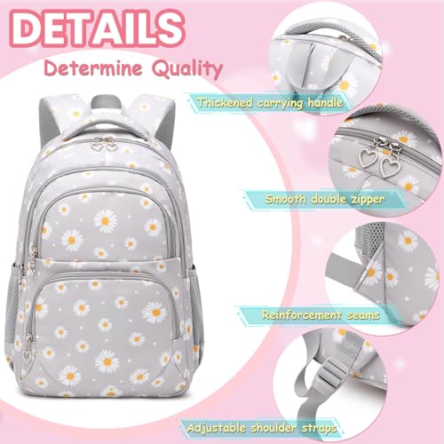 YJMKOI 3Pcs Daisy Prints Backpack for Girls Middle-School Elementary Students Bookbag Set with Lunch Box (Grey) - color: Grey