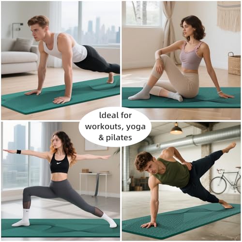 ILILI Yoga Mat, TPE Exercise Mat, Tear-Resistant, Fitness Yoga Mat with Carrying Strap, 72''x25''×0.3''(8mm), Ideal for Yoga, Pilates, Home Workouts, Stretching & All Fitness Routines - color: Peacock Green