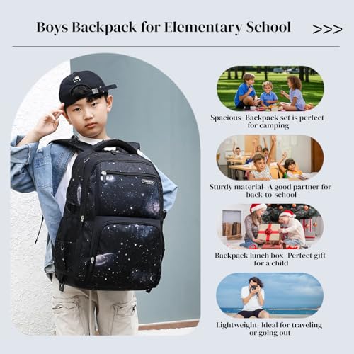 MITOWERMI Boys Backpacks for Primary Junior School Kids Backpack with Lunch Box Galaxy Space Bookbags for Boys Girls - color: #01 Black Galaxy, style: 3 Pcs Set Backpack