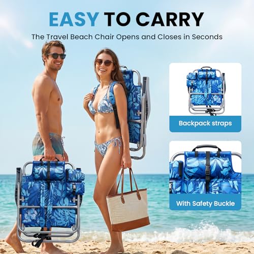 Palm Leaves Beach Chair Heavy Duty 330 lbs, 5-Position Lay Flat Folding Backpack Beach Chair with Cooler for Adults, Reclining Sand Chair for Beach Poolside Vacation(Blueleaves,1PK)