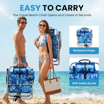 Palm Leaves Beach Chair Heavy Duty 330 lbs, 5-Position Lay Flat Folding Backpack Beach Chair with Cooler for Adults, Reclining Sand Chair for Beach Poolside Vacation(Blueleaves,1PK)