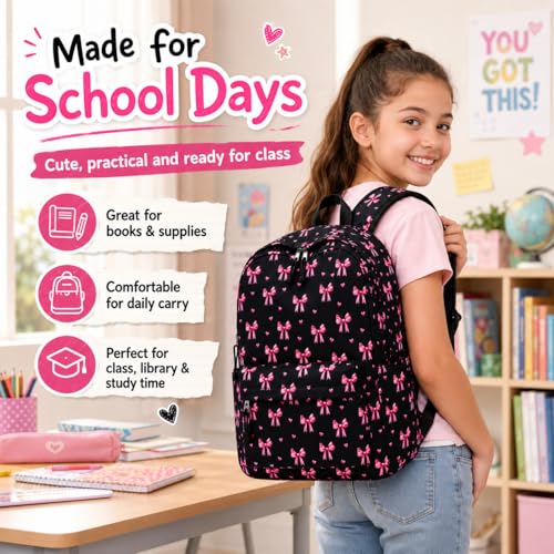 LOIDOU Girls Backpack for Kids Cute School Bookbag - color: Bow Black 215, size: L-17"