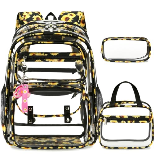 ACESAK Clear Backpack for Girls - 3 Pcs Clear Backpack Heavy Duty with Lunch Bag - See Through Bookbag Stadium Approved for Kids Middle High College School(Black Daisy) - color: Black Daisy