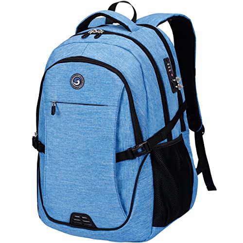 SHRRADOO Anti Theft Laptop Backpack Travel Backpacks with Combination Lock for Women Men College Backpack Computer Bag Fits 17 Inch Laptop,Sky Blue - color: Sky Blue