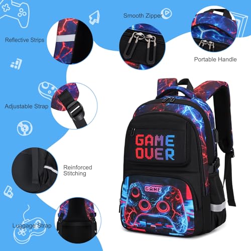 3PCS School Backpack for Boys, Cool Gamer Boys Backpack with Lunch Box and Pencil Case for Kids Kindergarten Teens Elementary Middle School Bag with Convenient Charging Port,Gaming Bookbag Waterproof - color: Futuristic Red & Blue Lightning
