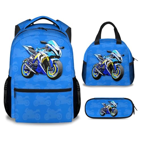 School Backpack Set for Kids, Cute Motorcycle Backpack with Lunch Box for School Travel, 17 Inch 3 in 1 Bookbag for Boys - color: Style-2