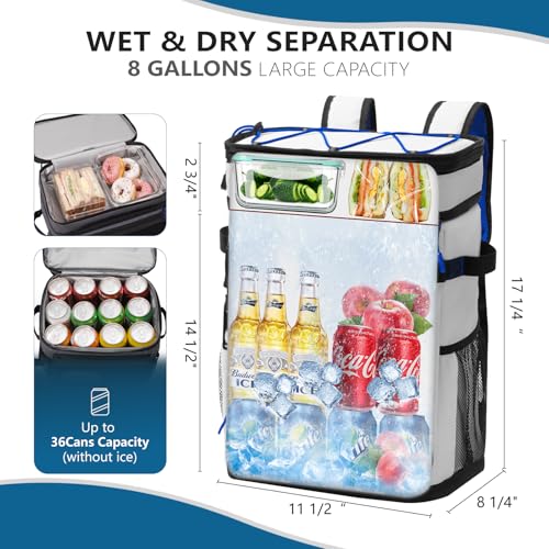 Large Backpack Cooler 36 Can Cooler Backpack with 2 Insulated Compartments Leak Proof Waterproof Travel Backpack, Camping Beach Picnic Lunch Thermal Bag for Women and Men - color: White