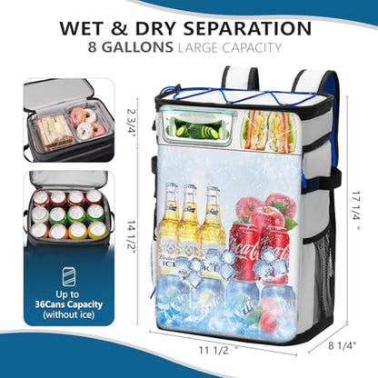 Large Backpack Cooler 36 Can Cooler Backpack with 2 Insulated Compartments Leak Proof Waterproof Travel Backpack, Camping Beach Picnic Lunch Thermal Bag for Women and Men - color: White