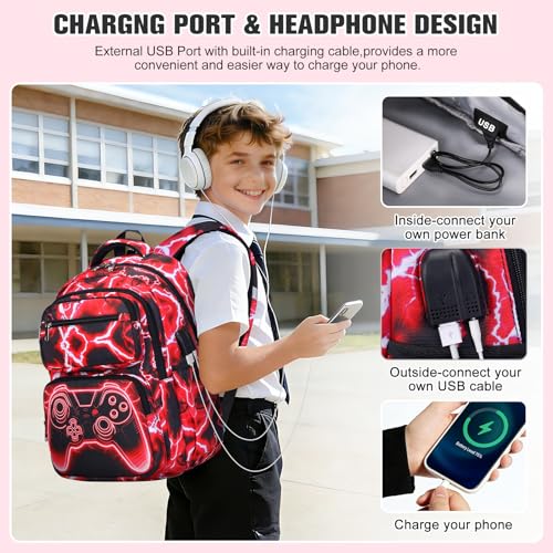 Bevalsa Backpack for Boys, Lightning School Bags with Lunch Bag & Pen Case for Kids, Bookbag for Boys Teens Elementary Middle High School - color: Red Game