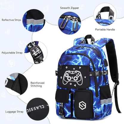 Scothen Boys Backpack, Cool Luminous Gamer School Backpacks for Boys with 14oz Insulated Water Bottle Lunch Bag Pencil Case, Kids Backpack Book Bags for Kindergarten Elementary Middle School - color: Lightning-blue