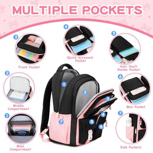 Kids Backpack for Girls School Bags for Middle School Students Book Bag for Elementary Primary Kawaii Ita Backpack, Black and Pink - color: Black and Pink