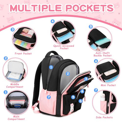 Kids Backpack for Girls School Bags for Middle School Students Book Bag for Elementary Primary Kawaii Ita Backpack, Black and Pink - color: Black and Pink