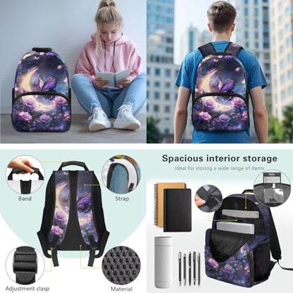 JEOCODY Kids Bookbag Butterfly Backpack for Girls Backpack and Lunch Box Set, Boys School Bag Water Bottle Holder and Pencil Pouch Girls Daypack Back to School Accessories - color: Butterfly With Purple Rose Printedd