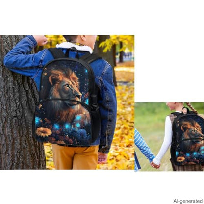Aesthetic Lion Backpack for Kids Girls Backpack with Lunch Box Water Bottle Holder and Soft Pencil Pouch 4Pcs Set 17" Bookbag with Large Front Pocket for School Sturdy Elementary School Bag - color: Aesthetic Lion-1