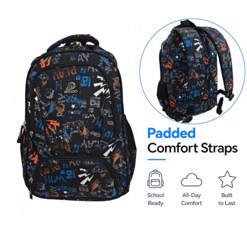 MYGOO Boys School Backpack Doubleday Gamer Black Bookbag for Elementary Middle School Ages 5-12, 17 inch Large Capacity 24L Kids Student Travel Bags - color: Doubleday Gamer Black