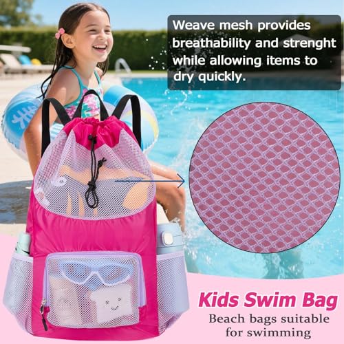 Swim Bag for Kids Mesh Beach Backpack for Girls Lightweight Drawstring Beach Bag Swimming Pool Sports Gym String Bag (Purple) - color: Purple
