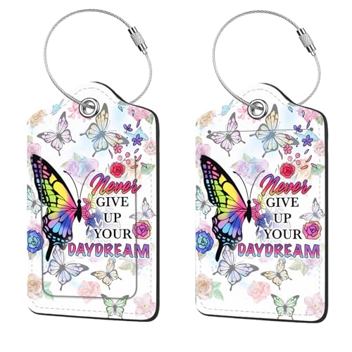 2 Pcs Luggage Tags for Suitcase, Cute Unique PU Leather Travel Bag Tag with Privacy Cover ID Label Address Card and Durable Metal Ring Suitable for Men Women Children Backpack,Flowers and Butterflies - color: Flowers and Butterflies