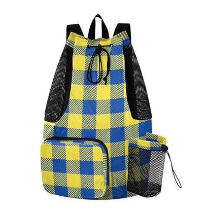 JUNZAN Plaid Grid Drawstring Backpacks Sports Gym Bag With Water Bottle Holder String Backpack Bag Waterproof Blue Yellow