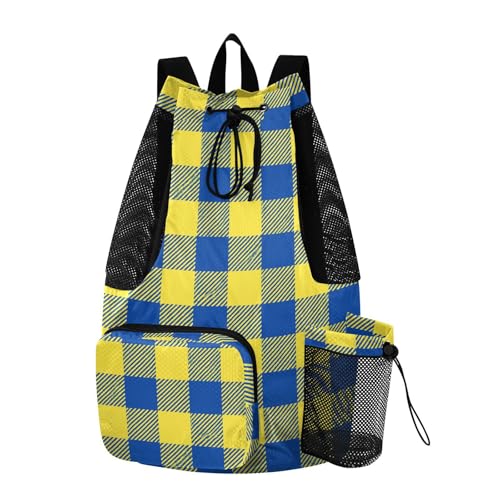 JUNZAN Plaid Grid Drawstring Backpacks Sports Gym Bag With Water Bottle Holder String Backpack Bag Waterproof Blue Yellow