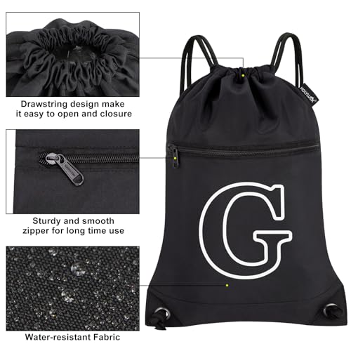 HOLYLUCK Drawstring Bags Initial Backpack Sackpack Cinch Bags for Sports, Gym, Travel, Beach(Black-G) - color: Black-g