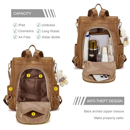 Soperwillton Women Fashion Backpack Purse Anti-Theft Leather Shoulder Bag Travel Multi Pockets Handbag Wallet Set 3pcs - color: Teabrown